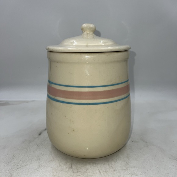 VTG McCoy Pottery Cannister w/ Lid Large Cookie Jar USA Blue and Pink Band 9" - Picture 2 of 13